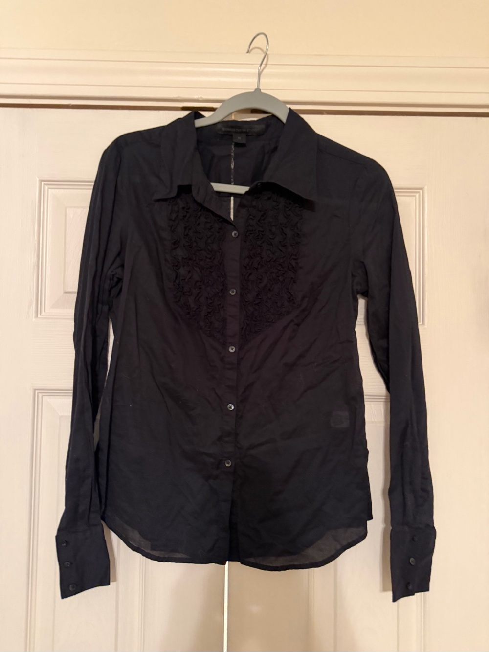 Black Long Sleeve Button-Up Blouse with Front Ruffle Detail Express